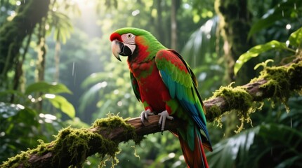 Obraz premium Colorful parrot perched on a mossy branch in a lush rainforest. Sunlight streams through the canopy