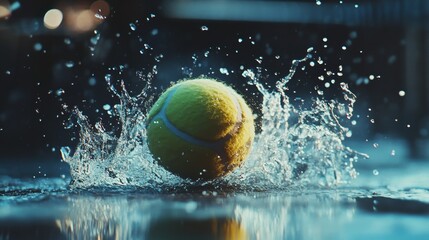 A cinematic slow-motion shot of a tennis ball hitting the baseline 