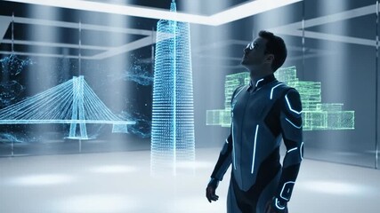 A man in a futuristic suit observes a glowing blue holographic model of a modern city, including a skyscraper and a bridge. - Powered by Adobe