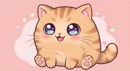 Adorable kawaii style orange cat cartoon with shiny big eyes and pink cheeks. Cute chibi character art in 4K image