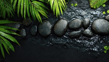 Dark, wet stones forming a path amidst lush, vibrant green tropical foliage