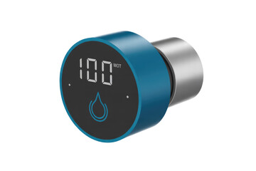 Digital water meter with a teal blue casing displaying 100 units. background removed