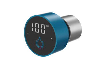 Digital water meter with a teal blue casing displaying 100 units. background removed