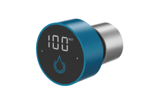 Digital water meter with a teal blue casing displaying 100 units. background removed
