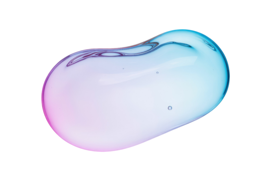 A transparent, iridescent blob of liquid, resembling gel or serum, floats against a transparent background. background removed