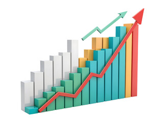 3 D bar chart with red and green arrows showing financial growth graph rising