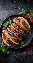 Four vibrant tacos on a dark plate, filled with seasoned meat, red cabbage, peppers, and garnished with fresh herbs and chili peppers, on a dark background sprinkled with sesame seeds