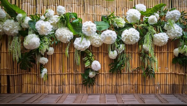 sampaguita beautifully arranged garlands of white flowers hang gracefully on a woven bamboo wall creating a serene ambiance in a vibrant outdoor setting