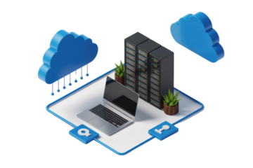 Cloud computing illustration showing secure data transfer from cloud servers to laptop. background removed