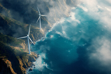 aerial view of modern wind turbines near ocean cliffs, generating renewable energy, environmental technology innovation for reducing pollution and supporting global climate goals