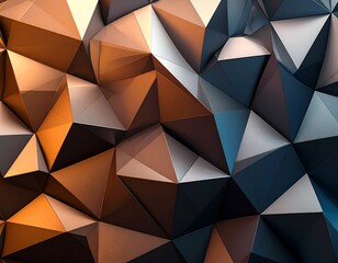 A vibrant abstract geometric background featuring numerous triangular facets in a gradient of warm orange and cool blue tones.