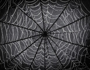Obraz premium Intricate spiderweb glistening with morning dew, radiating design, detailed texture.