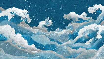 Stylized ocean waves in shades of blue and white, textured with a snowy effect, against a dark blue background
