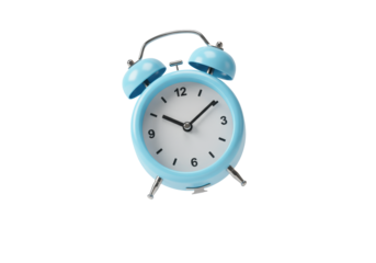 Small vibrant light blue retro-style alarm clock with twin bells and silver legs, hands at 7:00, floating mid-air on transparent background, crisp focus, concept of professional time management