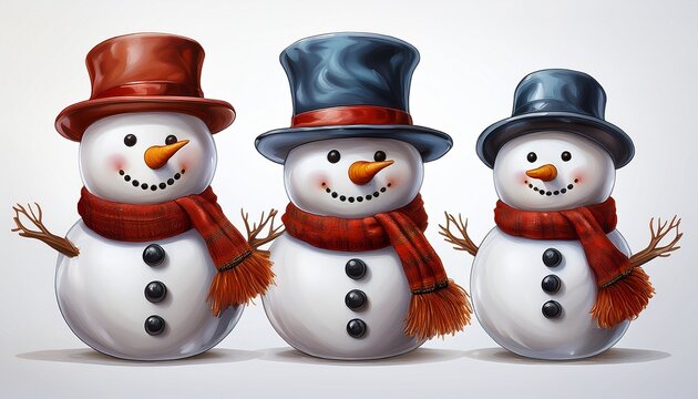 three cheerful snowmen accessories with hats and scarves melting slightly capturing the joy of winter decorations against a transparent background - Powered by Adobe