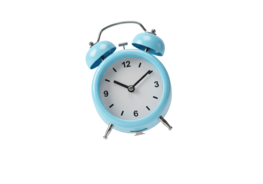 Small vibrant light blue retro-style alarm clock with twin bells and silver legs, hands at 7:00, floating mid-air on transparent background, crisp focus, concept of professional time management