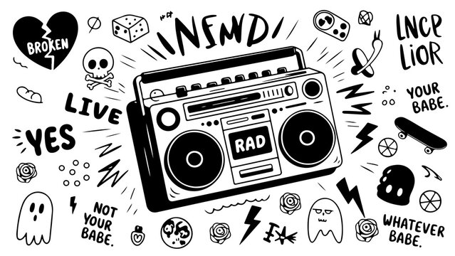 Retro Boombox Graphic: Rad 80s Vibes & Cool Doodle Art