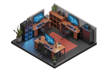Isometric view of a modern, minimalist gaming office setup with three workstations, showcasing computers, desks, and stylish decor. background removed