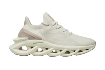 Cream-colored knitted sneaker with a unique, sculpted sole design. background removed