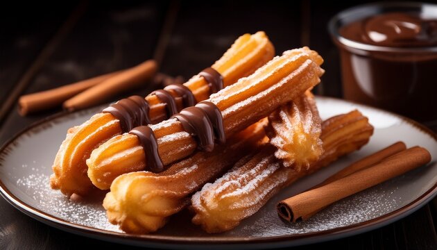 churros with chocolate delight delicious churros drizzled with rich chocolate sauce presented on a decorative plate alongside cinnamon sticks