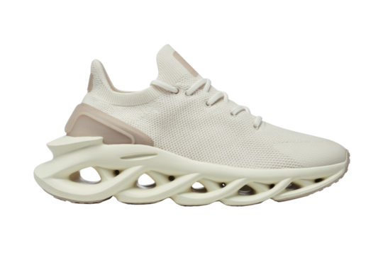 Cream-colored knitted sneaker with a unique, sculpted sole design. background removed