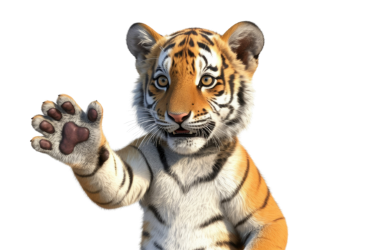 Adorable cartoon tiger cub with paw raised, waving hello on transparent background. background removed