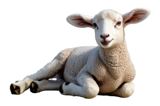 Adorable fluffy lamb lying down on transparent background, looking happy. background removed