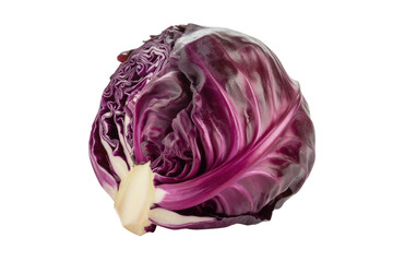 Obraz premium A vibrant red cabbage, half-opened, showcasing its intricate layers and rich purple hues against a transparent background. background removed