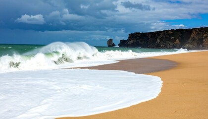 Dramatic beach waves on a stormy day