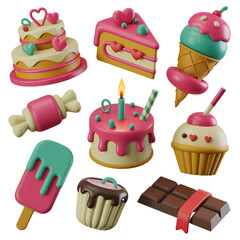 A delightful assortment of colorful 3D rendered sweets and desserts
