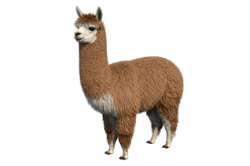 A fluffy brown alpaca stands against a transparent background, showcasing its soft, luxurious coat. background removed