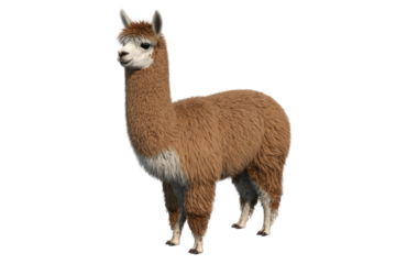 A fluffy brown alpaca stands against a transparent background, showcasing its soft, luxurious coat. background removed