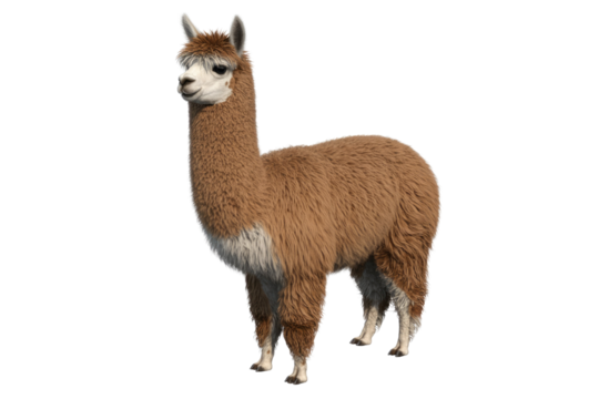 A fluffy brown alpaca stands against a transparent background, showcasing its soft, luxurious coat. background removed