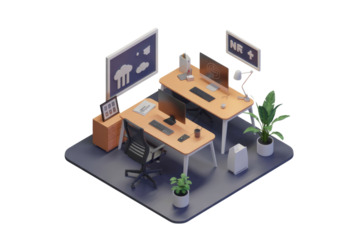 Isometric 3D rendering of a modern co-working office space with two workstations, plants, and computer screens. background removed