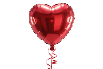 A shiny red heart-shaped balloon with a curling red ribbon, isolated on a transparent background. background removed
