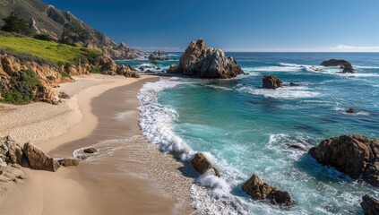 Secluded cove with pale sand, turquoise water, crashing waves, and rugged coastal rock formations under a clear blue sky