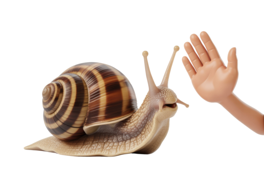 A cartoon snail with a striped shell is shown with a hand stopping it, suggesting slowness or a need to wait. background removed
