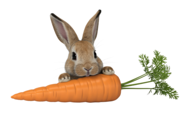 Adorable bunny rabbit happily munching on a large, juicy carrot. background removed