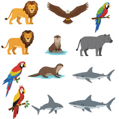 A charming collection of diverse 2D flat vector world animals, including mammals, birds, and sea creatures, isolated against a clean white background, perfect for educational content.