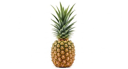 Fototapeta premium Fresh, ripe pineapple with vibrant green leaves displayed against a clean white background