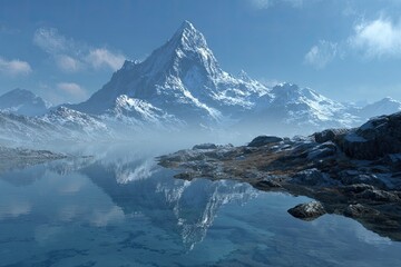 A majestic snow-capped peak mirrors in a still, clear lake, surrounded by rocky, snow-dusted terrain under a bright, mostly clear sky