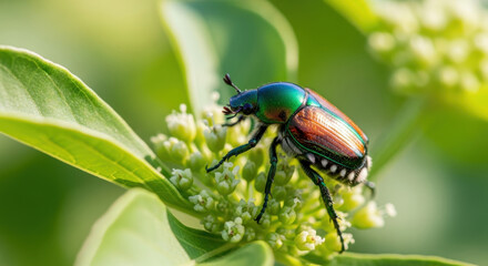 Naklejka premium Close up of a japanese beetle on a flowering plant with green leaves in a natural outdoor setting