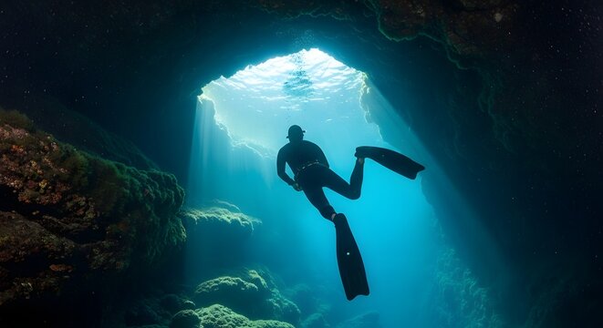 A freediver swims towards a bright opening in a cave ceiling, illuminated by sunbeams underwater