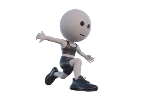A 3D-rendered cartoon of a female athlete mid-jump, showcasing fitness and energy. background removed