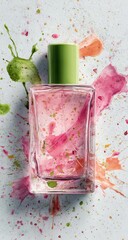 A rectangular pink perfume bottle with a light green cap sits amidst vibrant watercolor splatters of pink, orange, and green on a light gray background