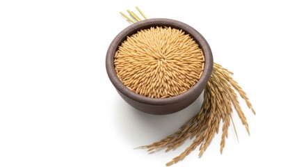 Rice grains in a bowl isolated on white background, top view, studio shot