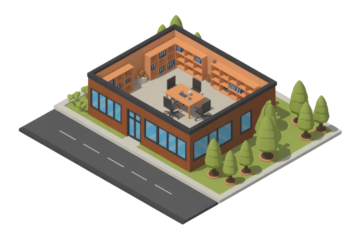 Isometric view of a small office building with interior visible, showing desks, computers, and bookshelves. background removed