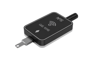 A compact black GPS tracker with a USB connector and antenna, displaying NPS and G16.1016. background removed