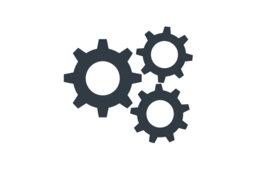 Three dark-grey gears interlocked, transparent background, symbolic of teamwork and mechanics. background removed