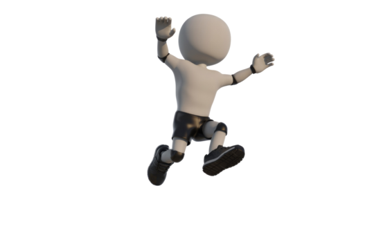 A 3D rendered white figure joyfully leaps mid-air, showcasing dynamic movement and energy. background removed